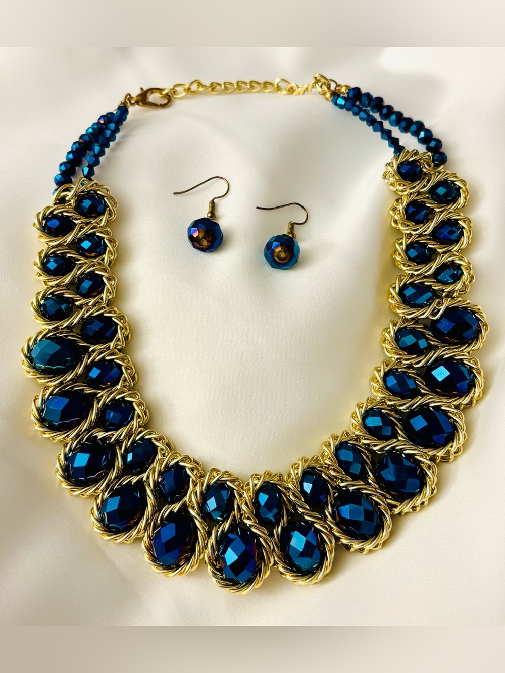 Blue Aurora Borealis Crystal Statement Necklace Earrings Gold Tone